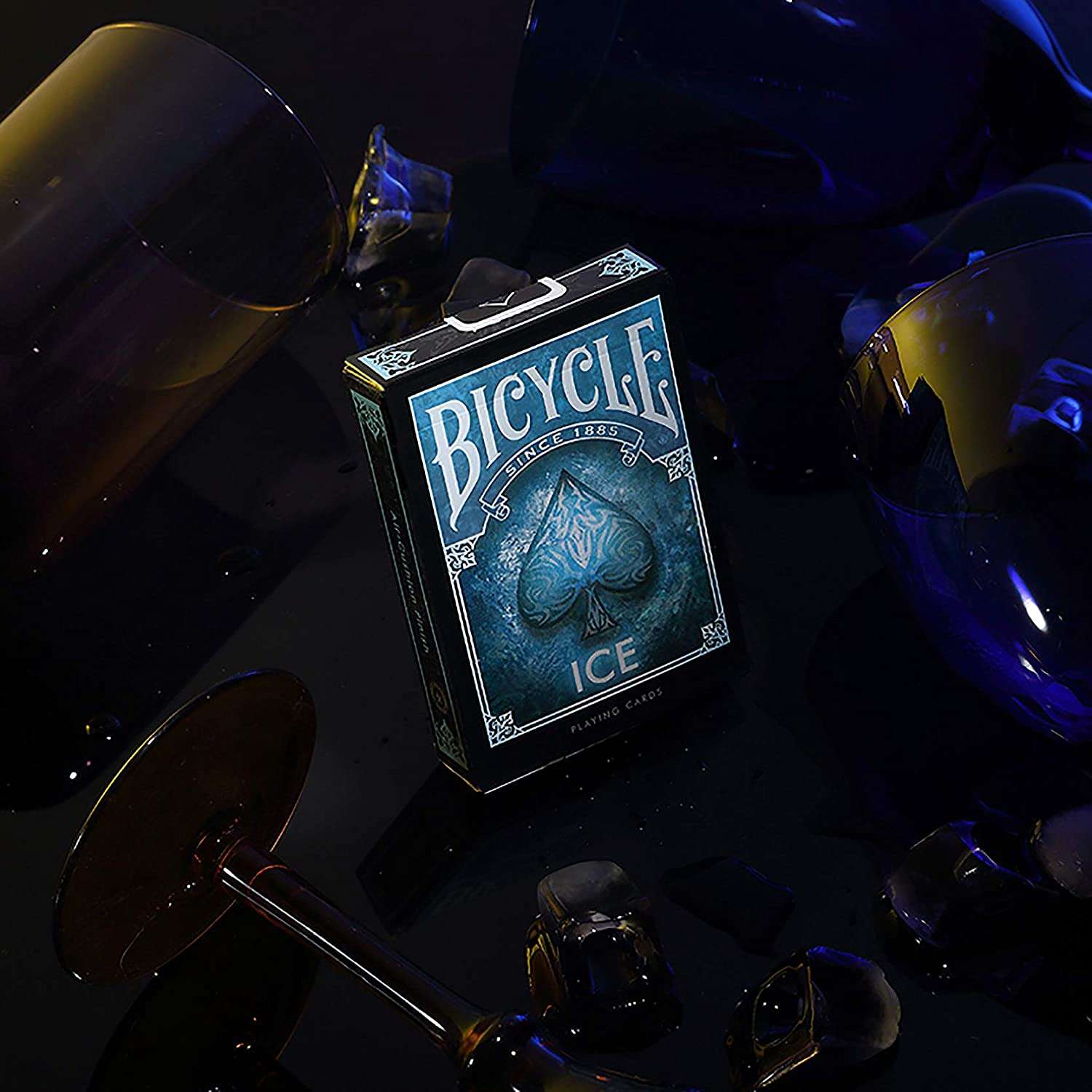 Bicycle Ice playing card box with sunglasses in the background