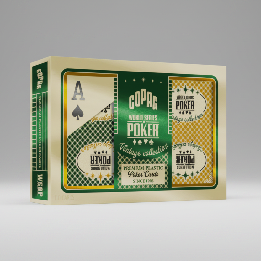 Copag WSOP Vintage Collection poker-size jumbo-index double deck set with green and gold premium plastic playing cards