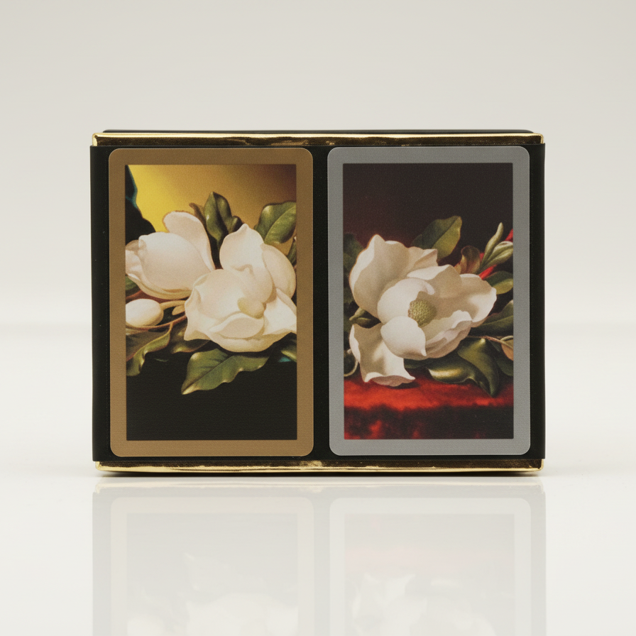 Congress playing cards with white magnolia design on a black background