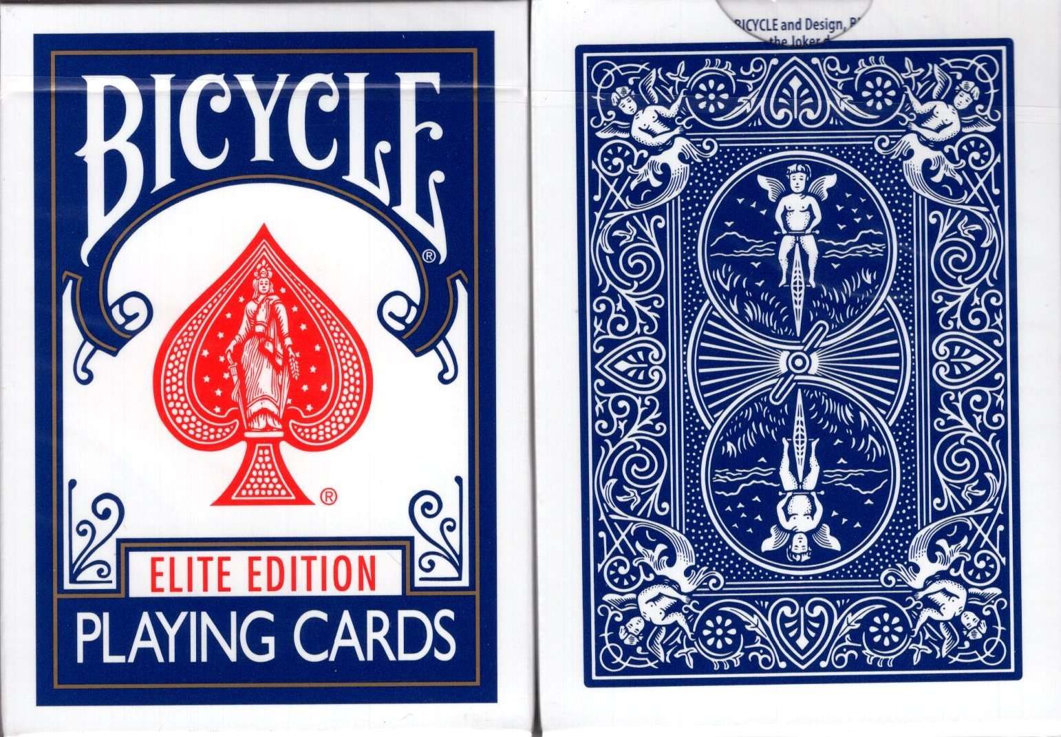 Bicycle Elite Edition playing cards with blue and red design on a white background