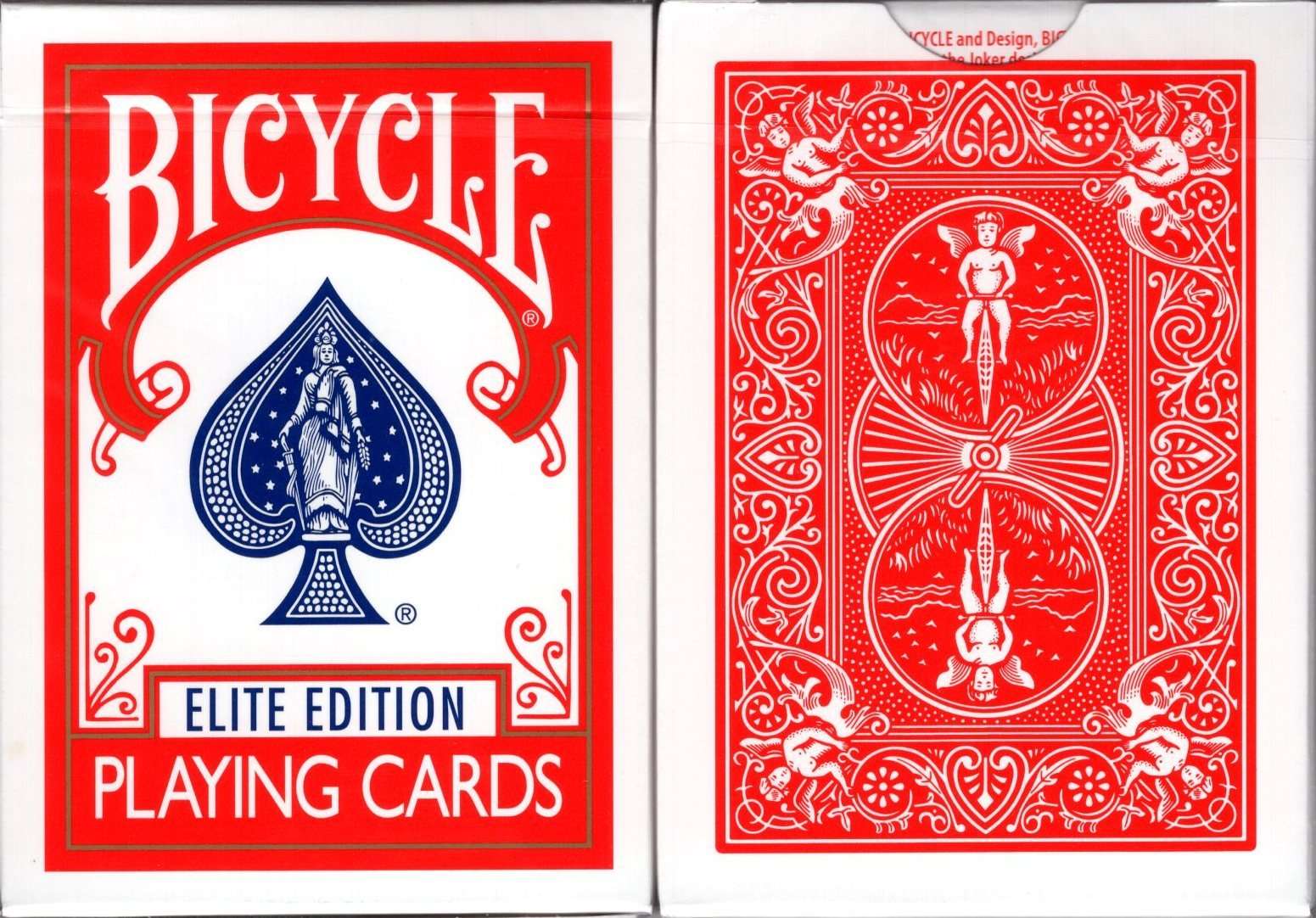 Bicycle Elite Edition playing cards with red and blue design on a white background