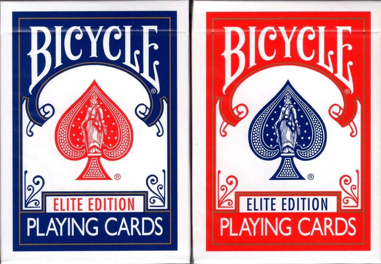 Two Bicycle Elite Edition playing card boxes, one blue and one red.