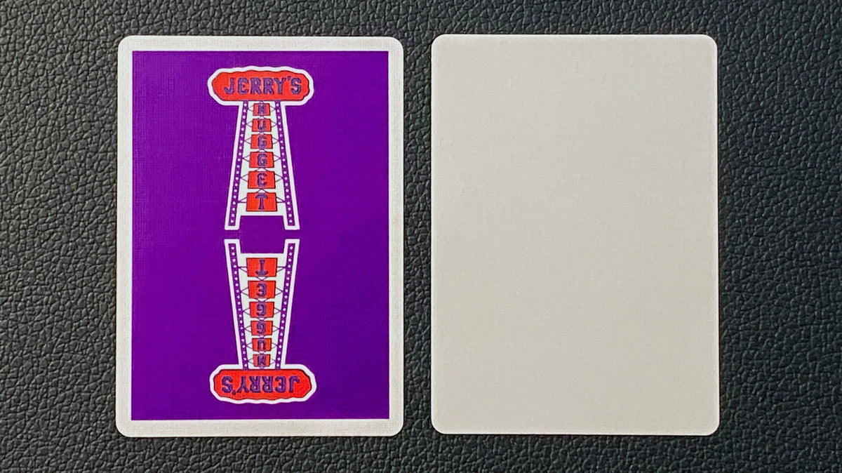 Jerry’s Nugget Royal Purple card back beside the included blank-faced gaff card.