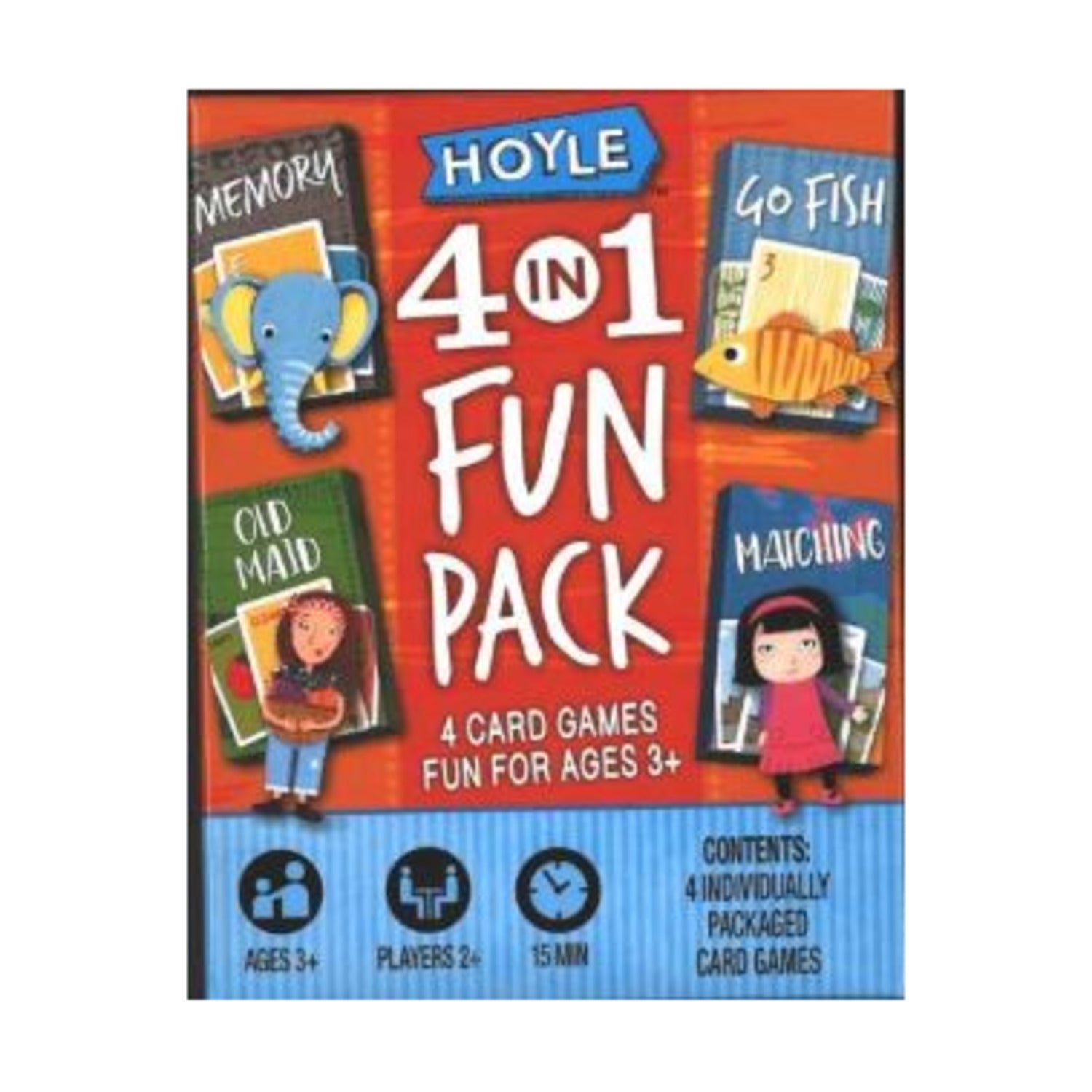 Hoyle 4 in 1 Fun Pack card games box with Memory, Go Fish, Old Maid, and Matching
