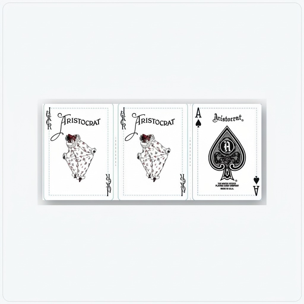 Three playing cards from the Aristocrat currency green deck on a white background