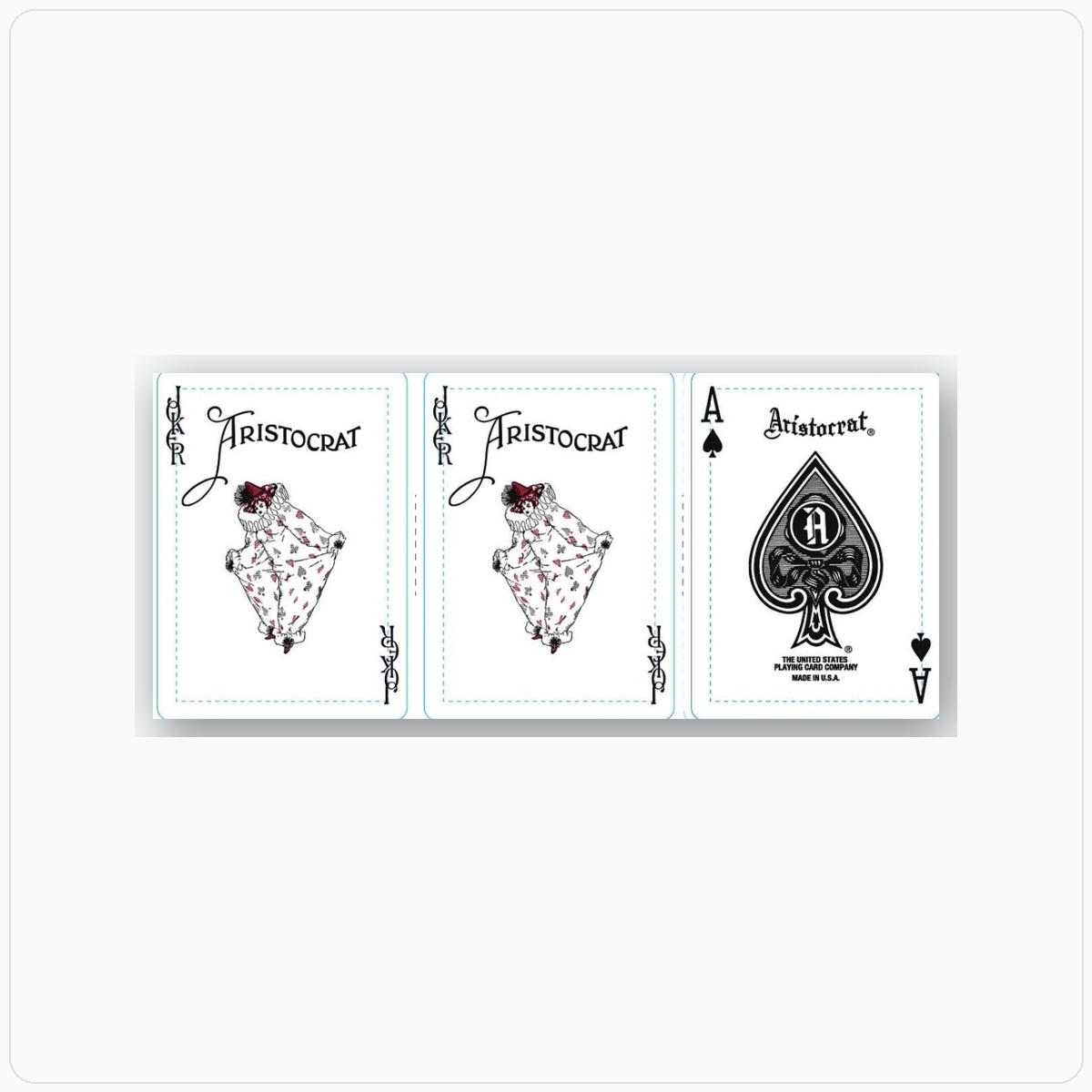 Three playing cards from the Aristocrat currency green deck on a white background