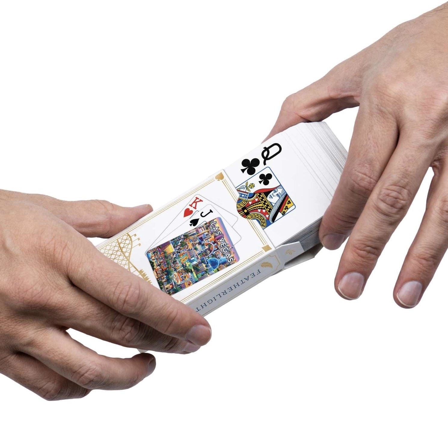 Las Vegas Strip Boardwalk playing cards sliding from illustrated tuck box