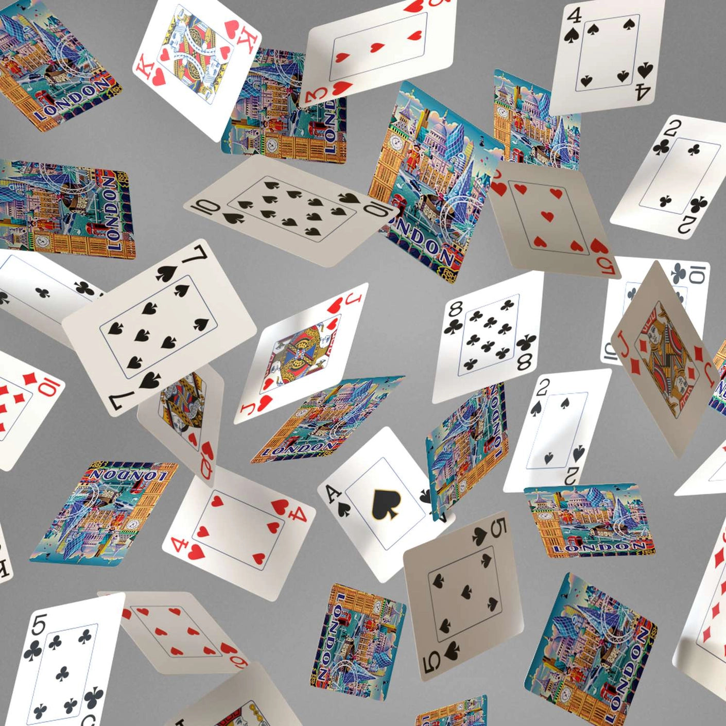 London Boardwalk playing cards showing jumbo-index faces and colorful illustrated London landmark backs