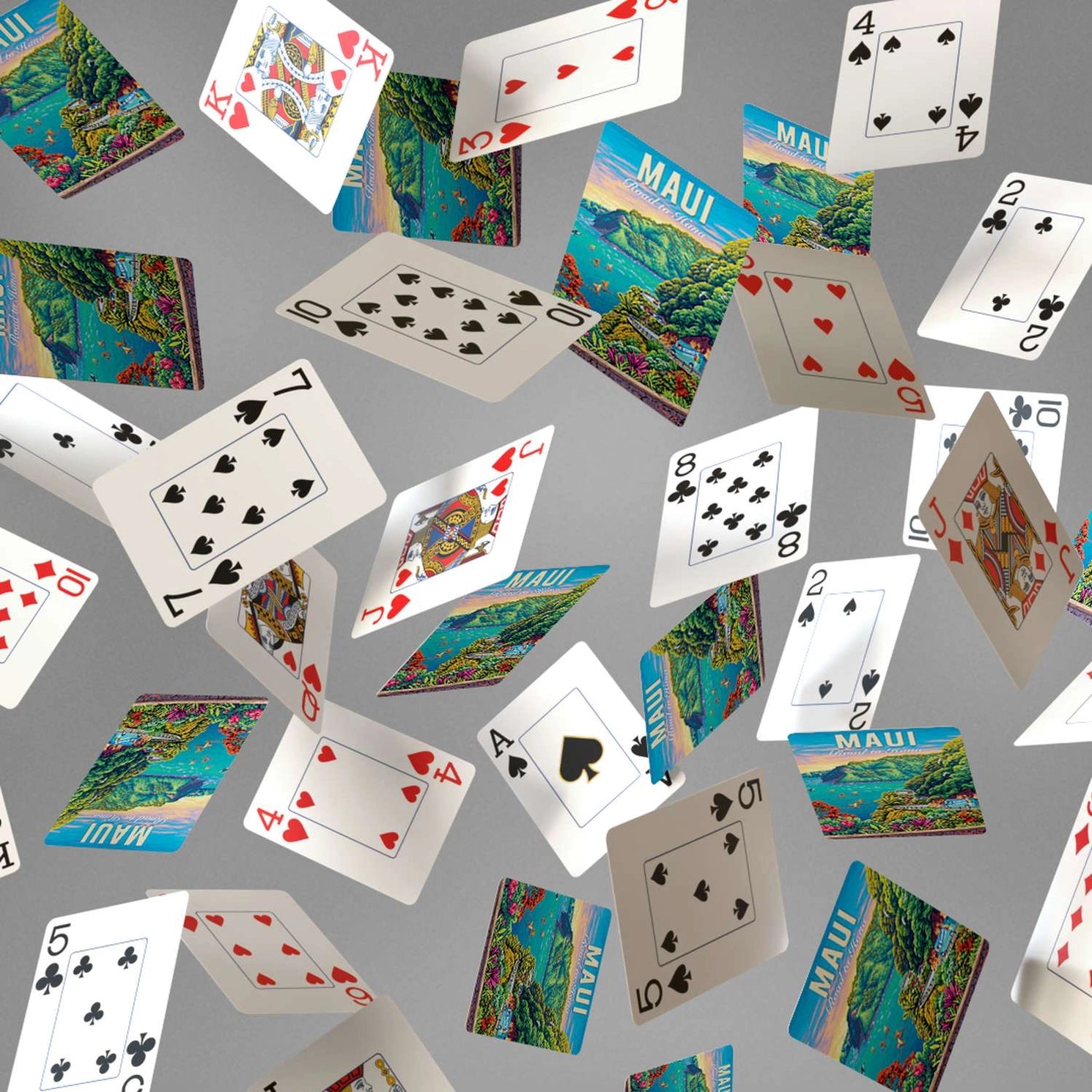 Maui Road to Hana playing cards showing jumbo-index faces and colorful tropical Hawaii scenic backs