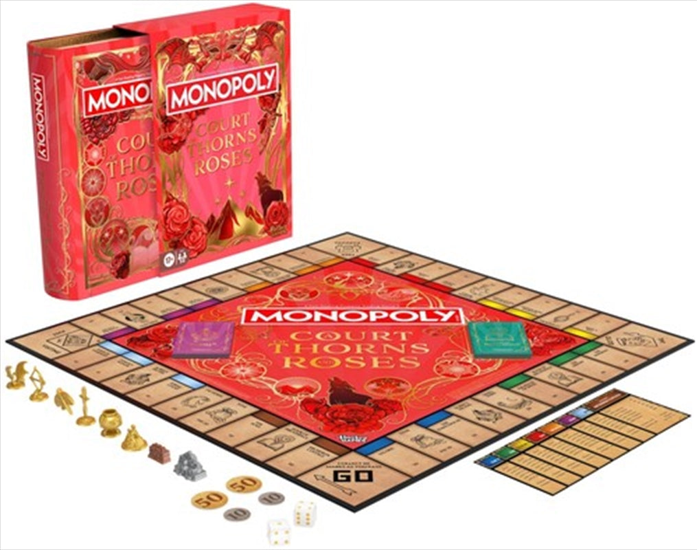 Monopoly A Court of Thorns and Roses red edition box, gameboard, tokens, cards, buildings, and Marks.