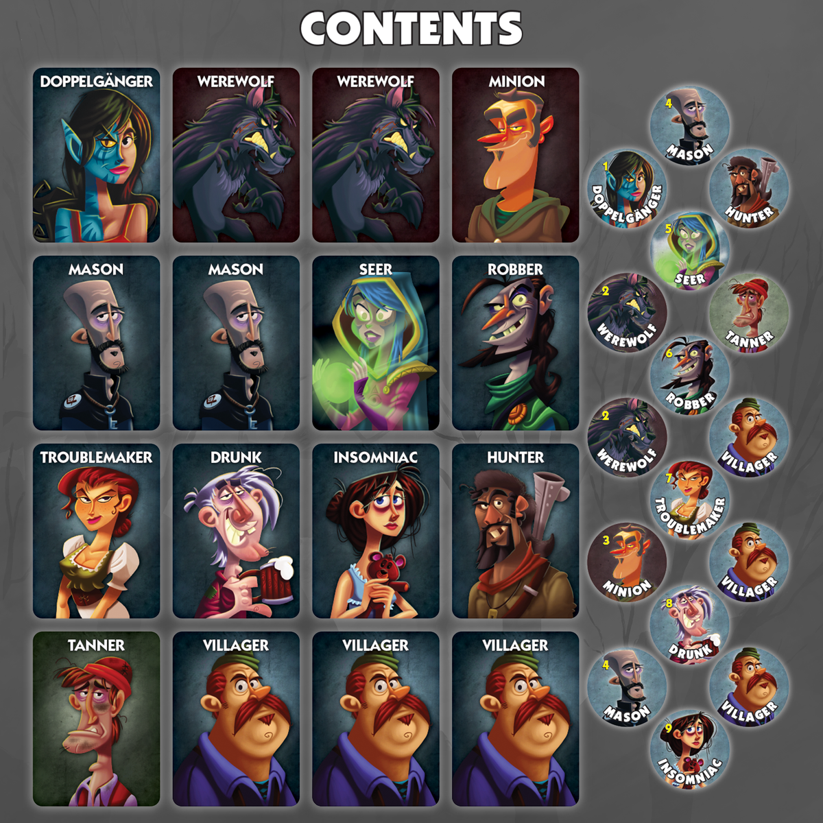 One Night Ultimate Werewolf contents showing illustrated role cards and matching character tokens.