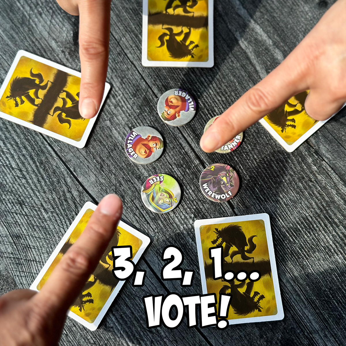 Players point during a One Night Ultimate Werewolf vote beside role tokens and face-down cards.