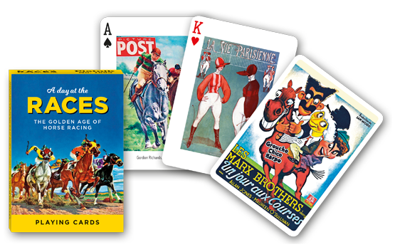 Piatnik A Day at the Races Playing Cards with illustrated tuck box and sample card artwork