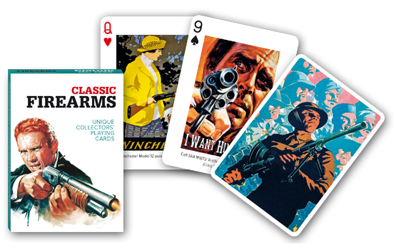 Piatnik Classic Firearms Playing Cards with illustrated tuck box and sample card artwork
