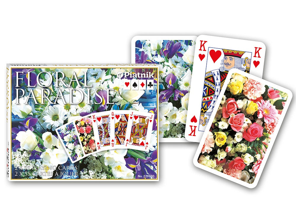 Piatnik Floral Paradise Blue double-deck bridge playing card set with blue floral box and sample cards