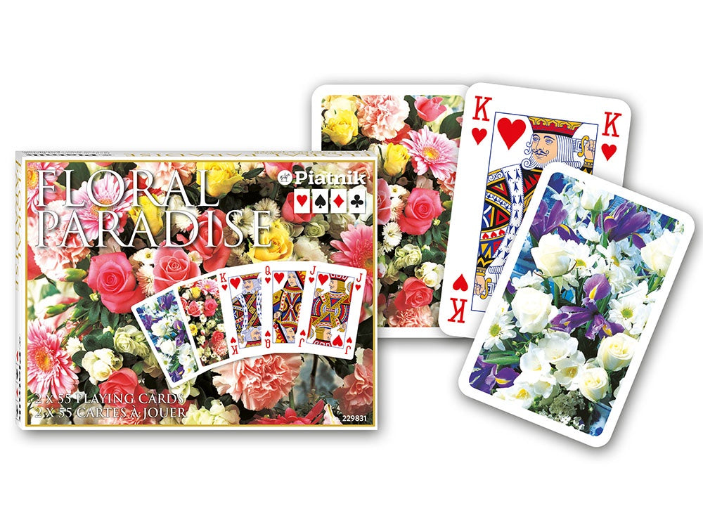 Piatnik Floral Paradise Pink double-deck bridge playing card set with pink floral box and sample cards