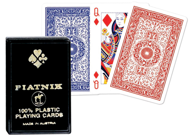 Piatnik 100% plastic bridge single deck in a black storage case with red and blue card-back examples