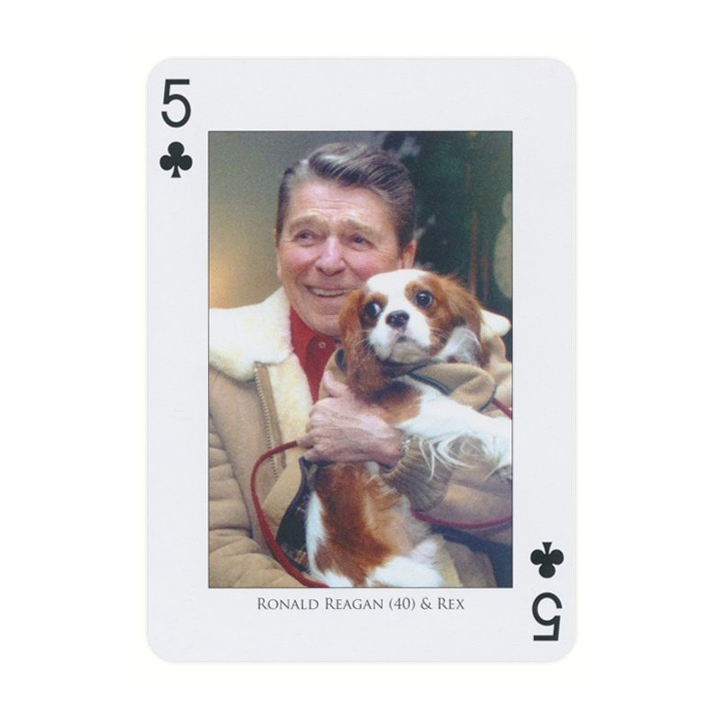 Piatnik Presidents playing card: Ronald Reagan and Rex, Five of Clubs