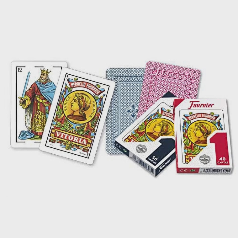 Fournier No 1 red and blue playing cards with card backs on a white background