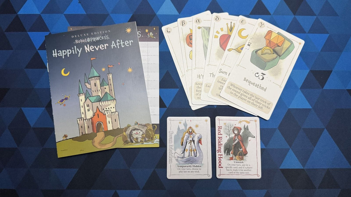 Happily Never After rules, round cards, and two princess tiles arranged on a blue background.