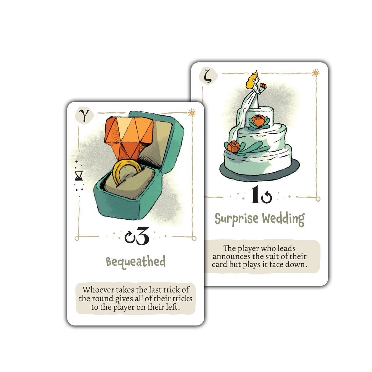 Bequeathed and Surprise Wedding round cards from Rebel Princess Happily Never After.