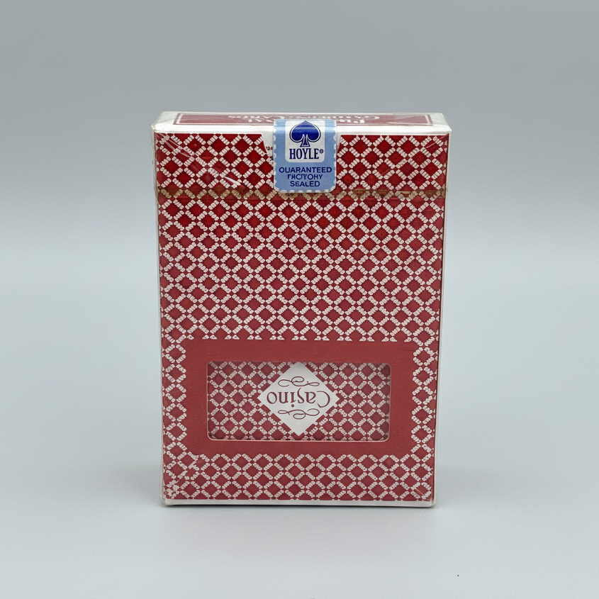 Box of PGC playing cards with a red and white pattern and a visible Hoyle logo.