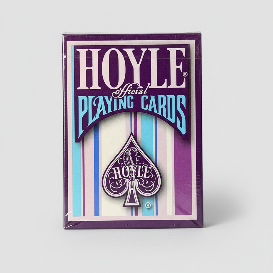 Hoyle official playing cards packaging with purple and blue design