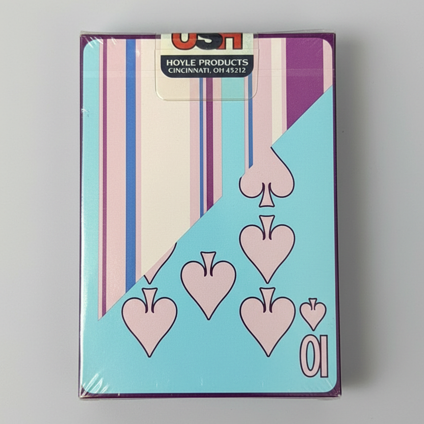 Cardboard box with playing card symbols and 'Hoyle Products' branding on a white background