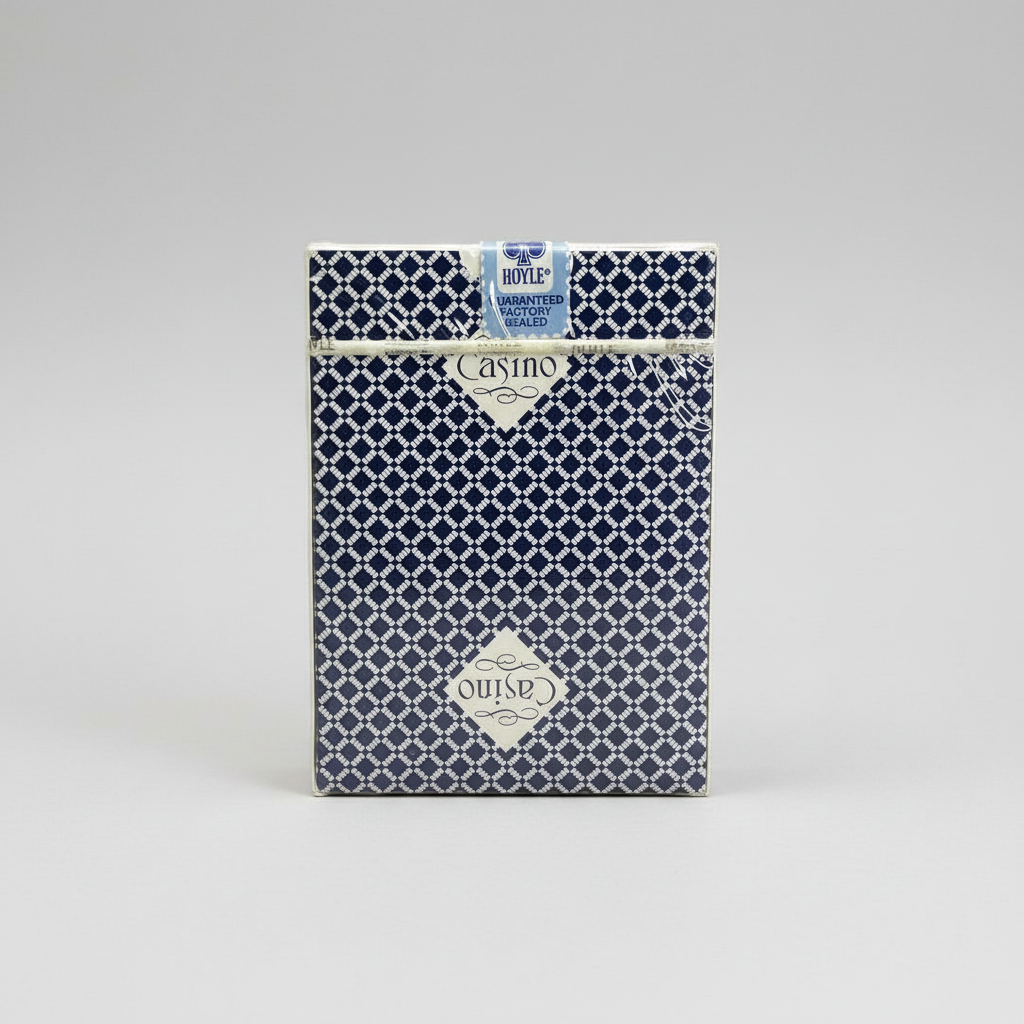 Pack of Hoyle Casino cards with blue and white pattern on a white background