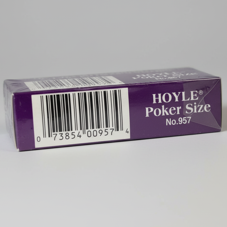 Purple and blue poker chip container with 'Hoyle' branding and a barcode on a white background