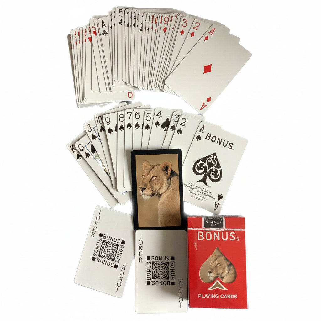 Playing cards with a lion design on a white background