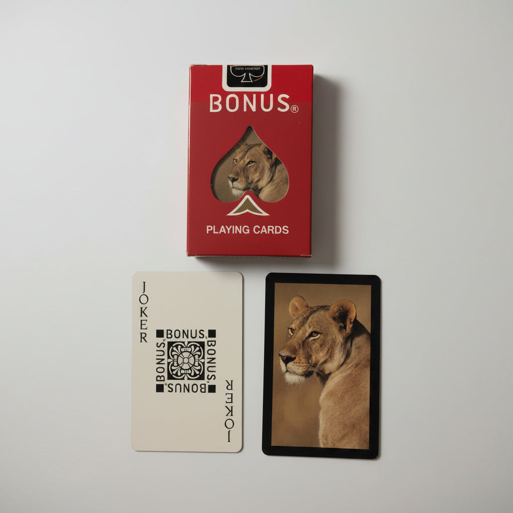 Bonus Lioness Playing Cards with red tuck box, black-and-white joker, and full-color lioness joker or bonus card