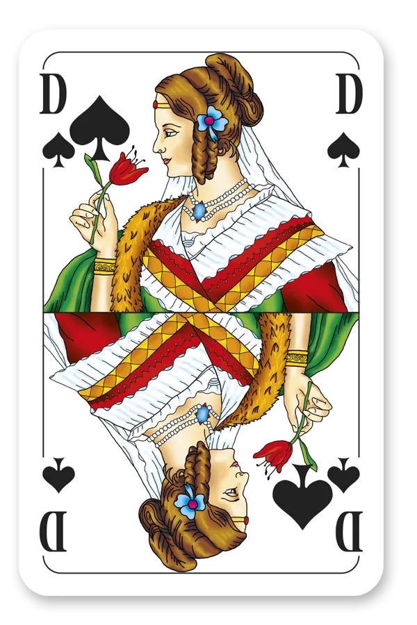 Modiano Skat playing card with a decorative design of a woman holding flowers, on a white background.