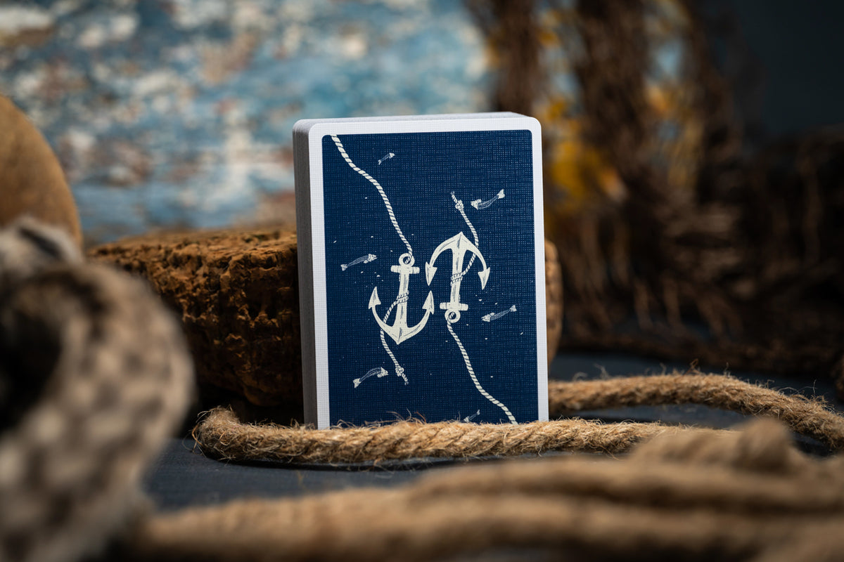 Double-anchor back artwork used in Sunken Anchors Blue Gilded playing cards.