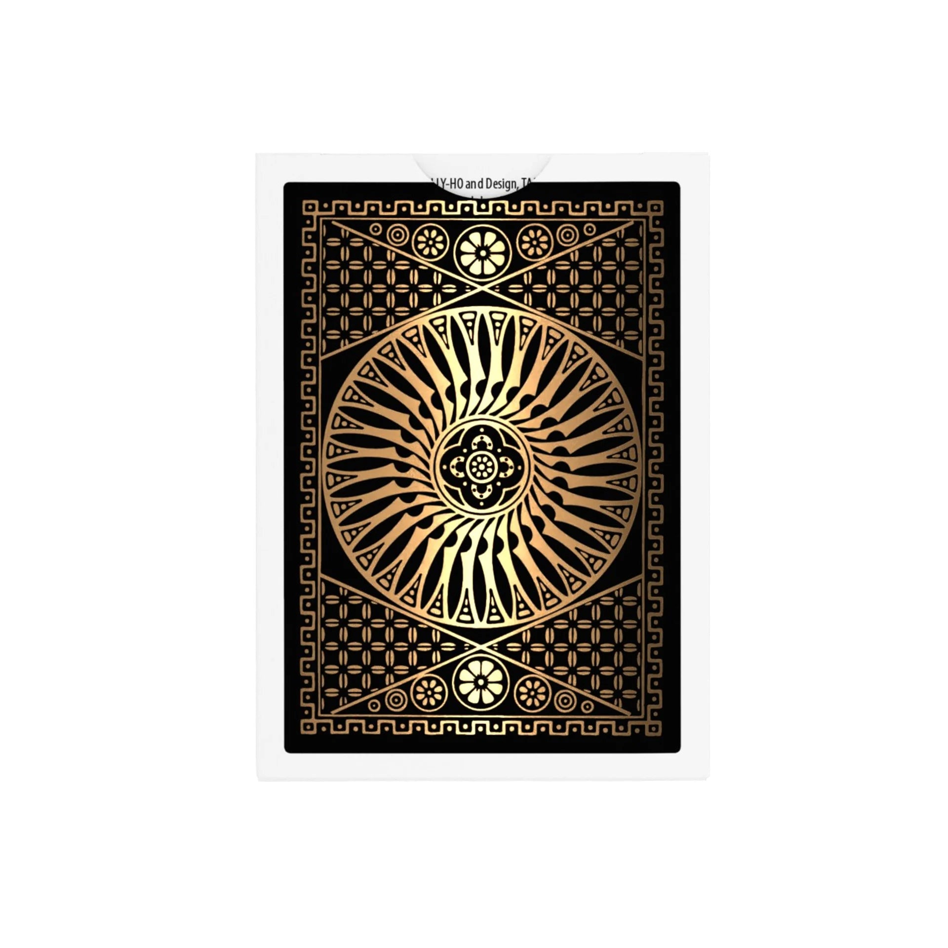 Black and gold Tally-Ho 140th Anniversary playing cards with intricate design on a white background