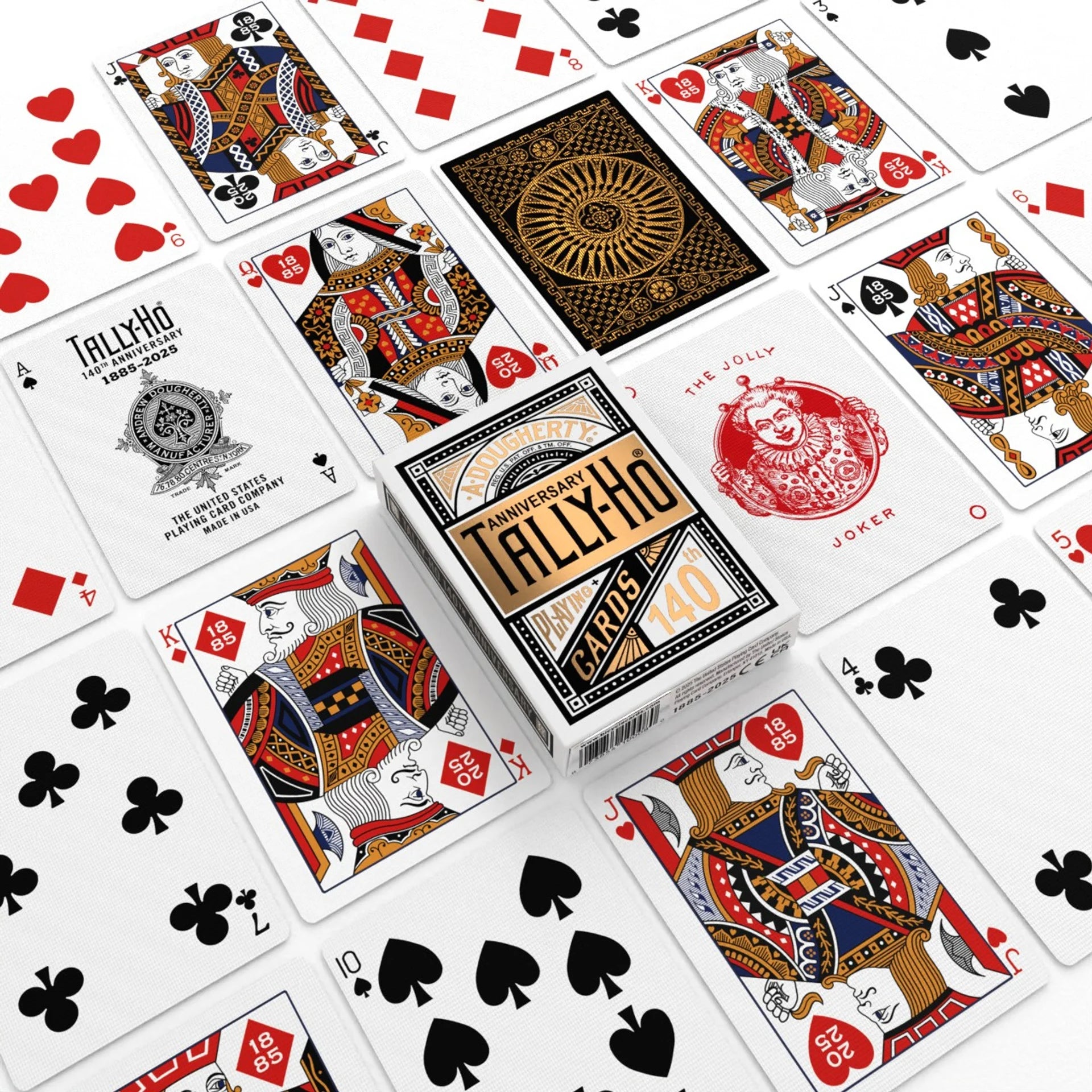 Tally-Ho 140th Anniversary playing cards with Tally Ho logo and design, including a box of cards.