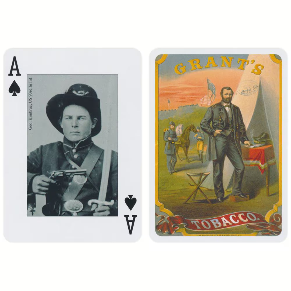 Two playing cards featuring historical figures, one with a black and white photo and the other with a color illustration of a man in a suit.