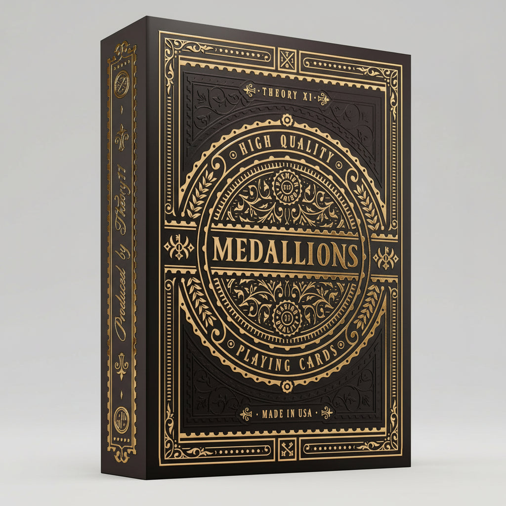 Brown and gold Medallions playing card box with decorative text and patterns