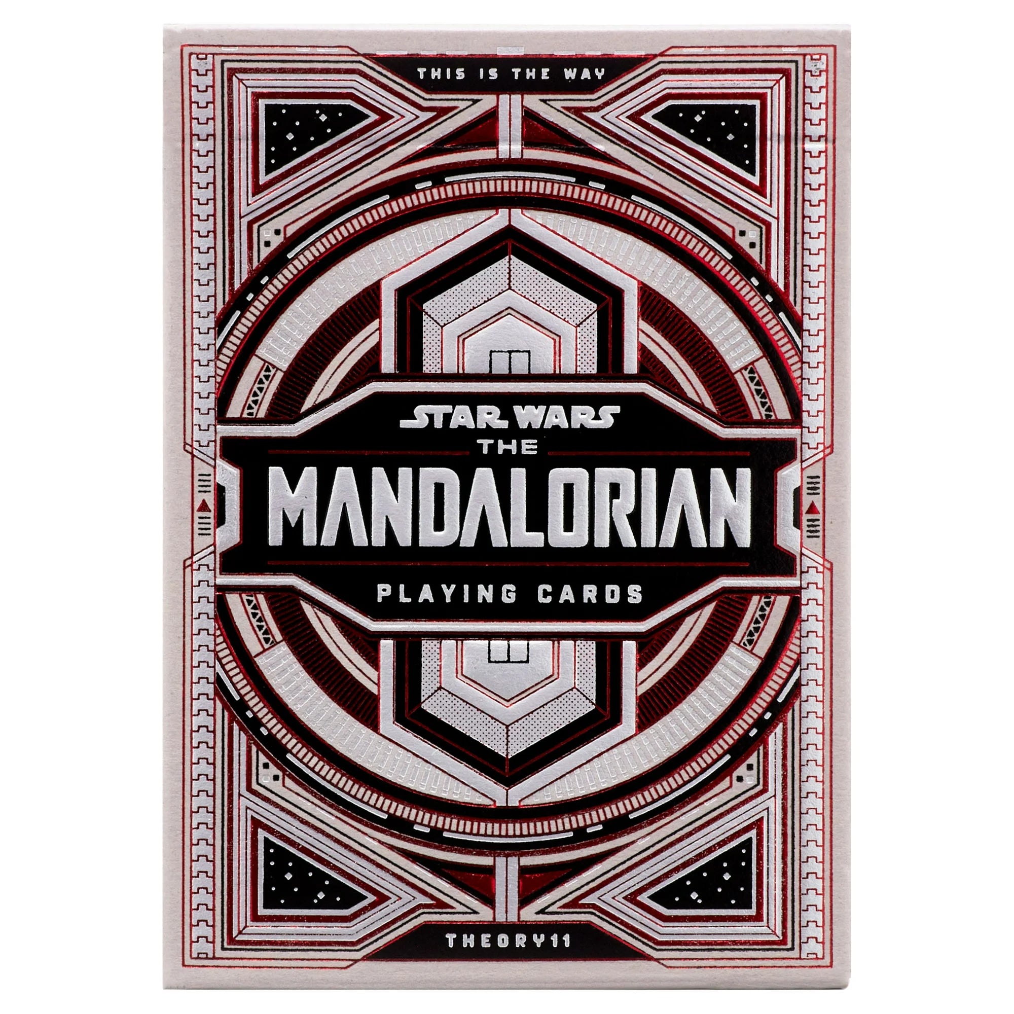 Star Wars The Mandalorian playing cards packaging with red and black design.