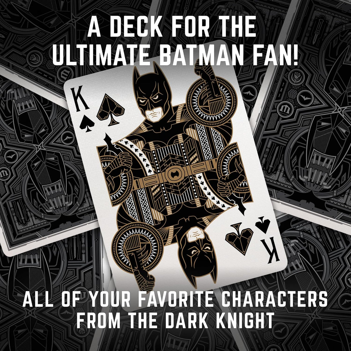 Promotional graphic featuring the Batman King of Spades over scattered theory11 The Dark Knight card backs.