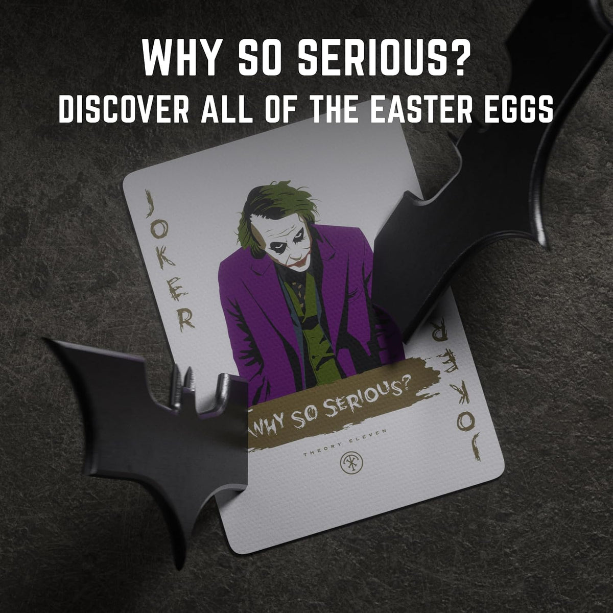 Theory11 The Dark Knight Joker card beside black Batarang props, with promotional text about hidden Easter eggs.