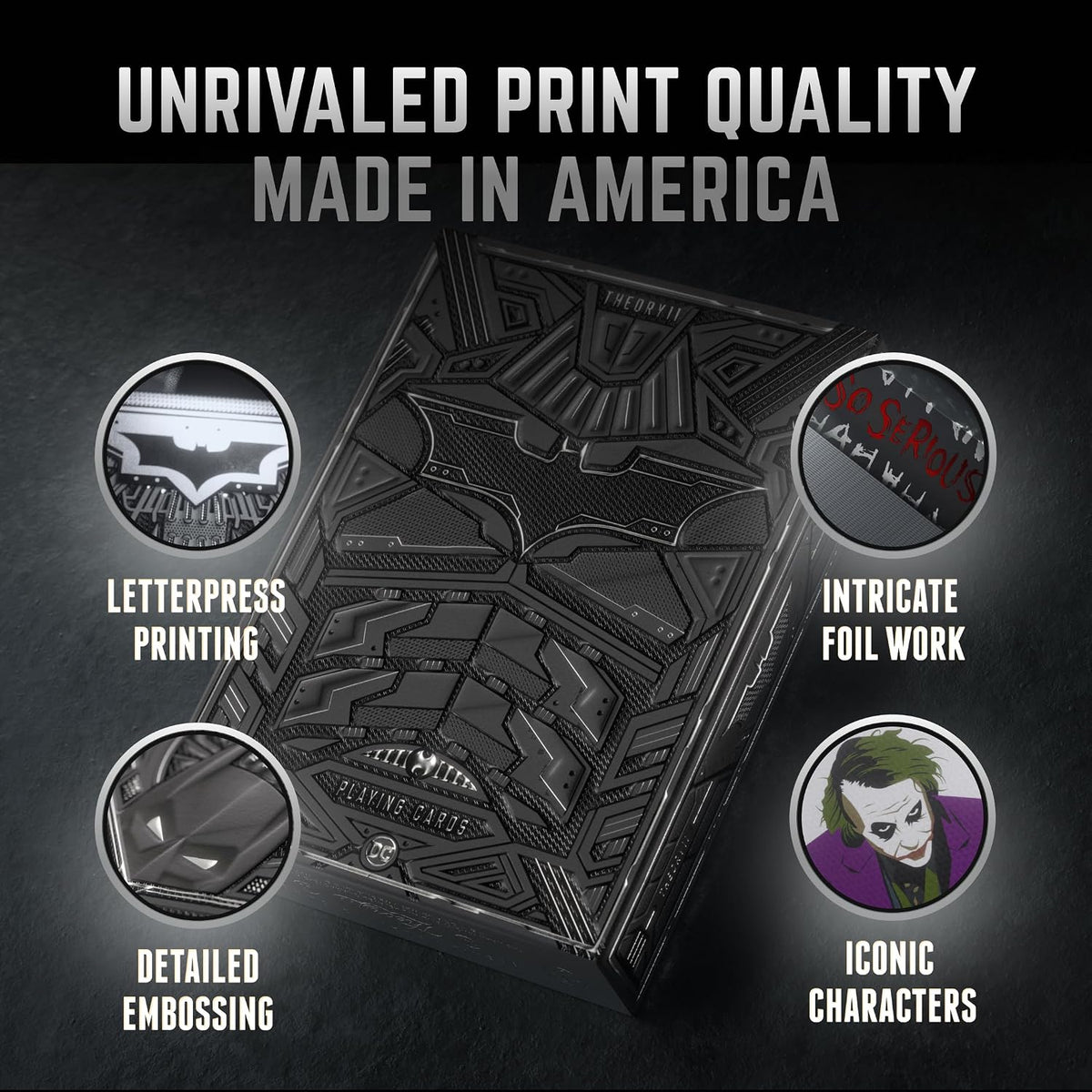 Theory11 The Dark Knight packaging graphic with a Made in America heading and close-ups of foil, embossing, printing, and Joker artwork.