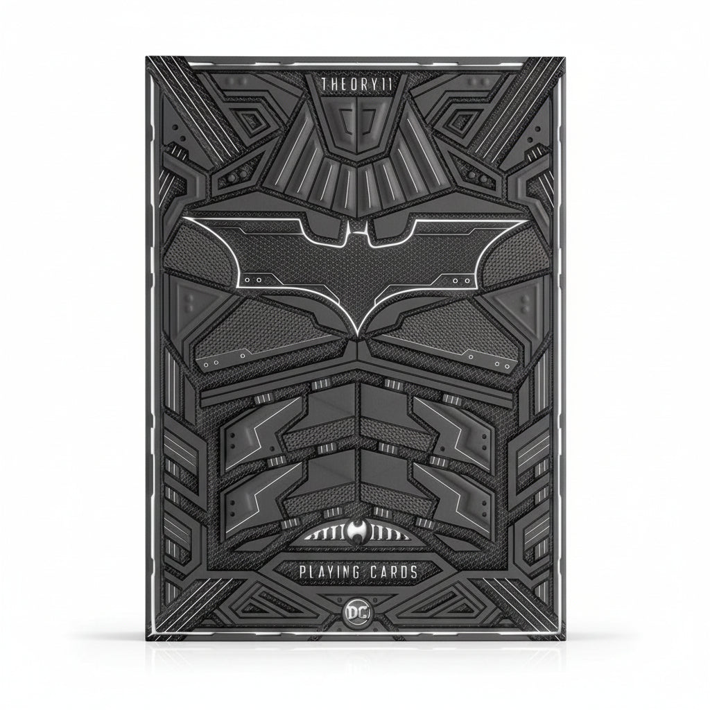 Front of the theory11 The Dark Knight tuck box, showing its armored design and bat emblem on a white background.
