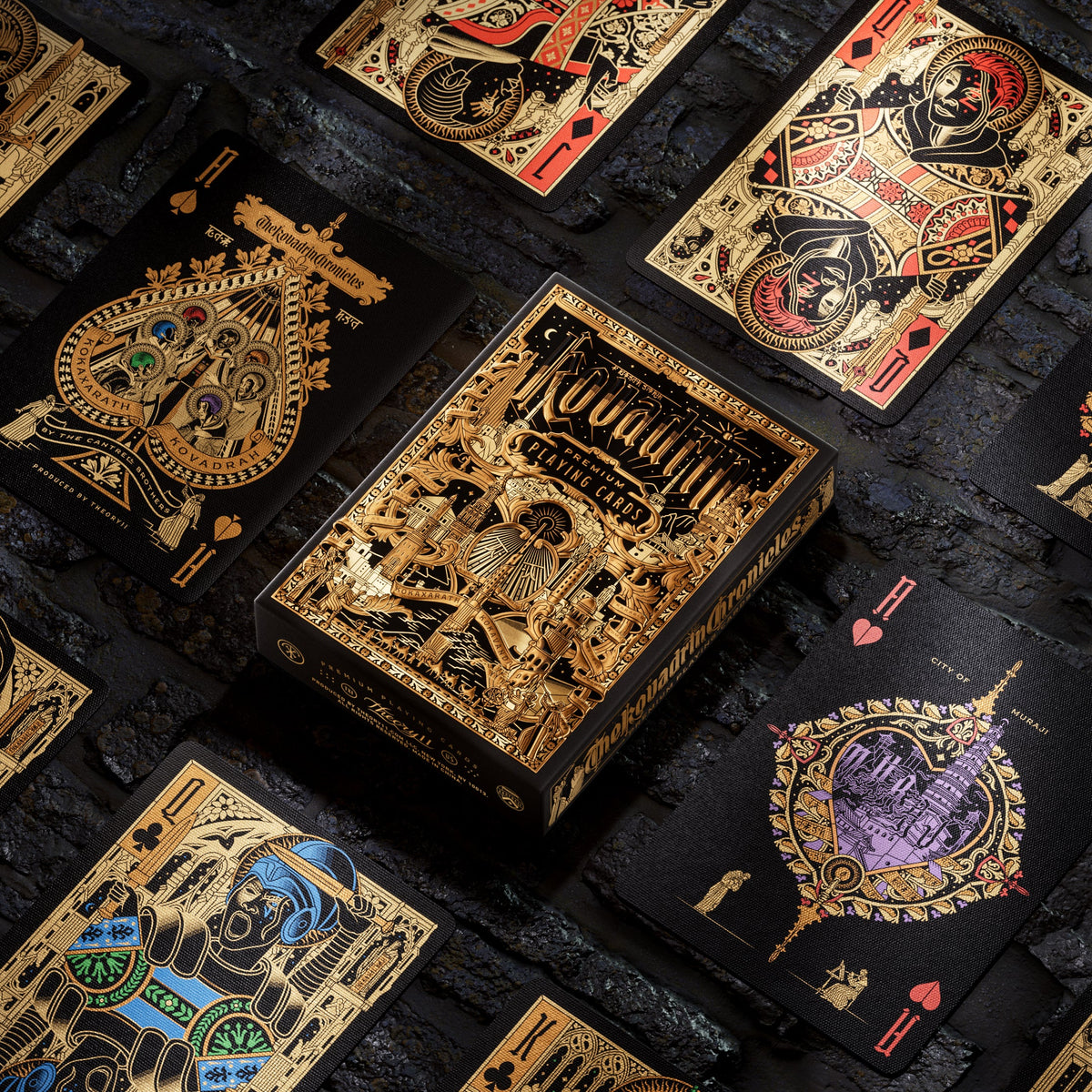 Theory11 Kovadrin tuck box surrounded by illustrated Aces and court cards with gold and multicolor details on black.