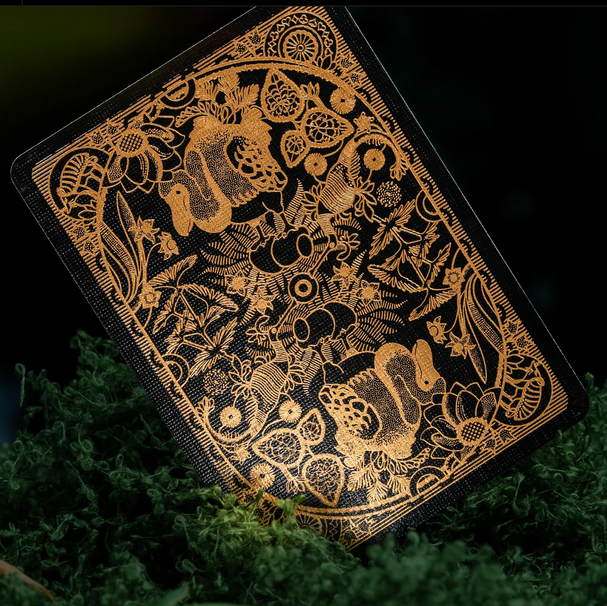 Black Moooi Extinct Animals card back with gold foil dodo birds, curling creatures, flowers, and foliage.