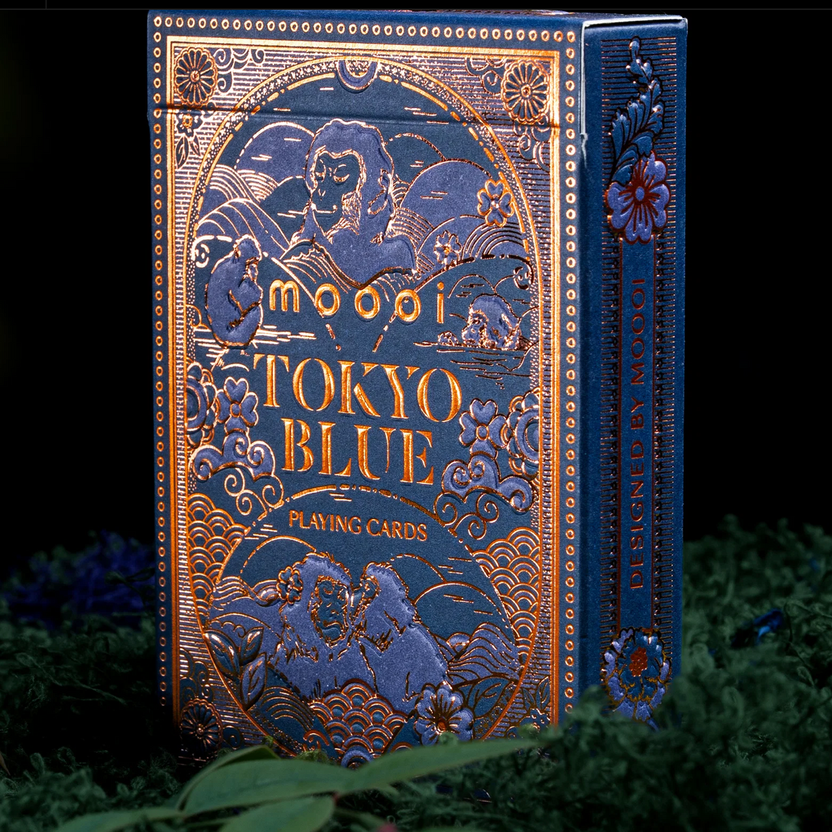 Moooi Tokyo Blue tuck-box front with bronze foil artwork beside the Designed by Moooi lettering on the right side.