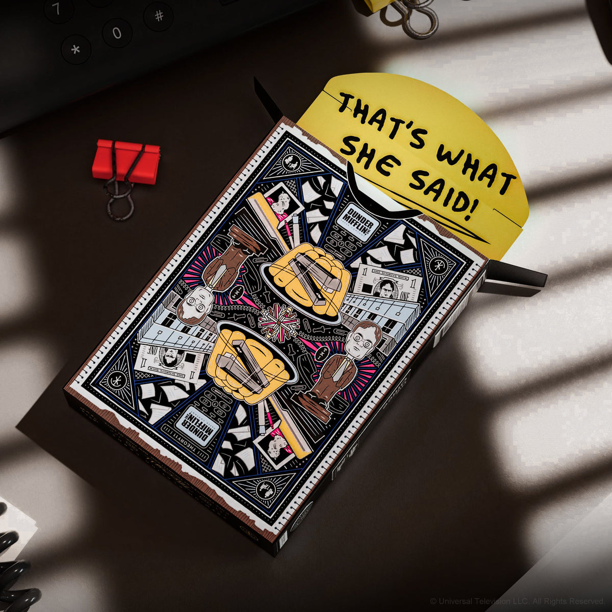 Open The Office Playing Cards tuck box with a yellow That's What She Said flap