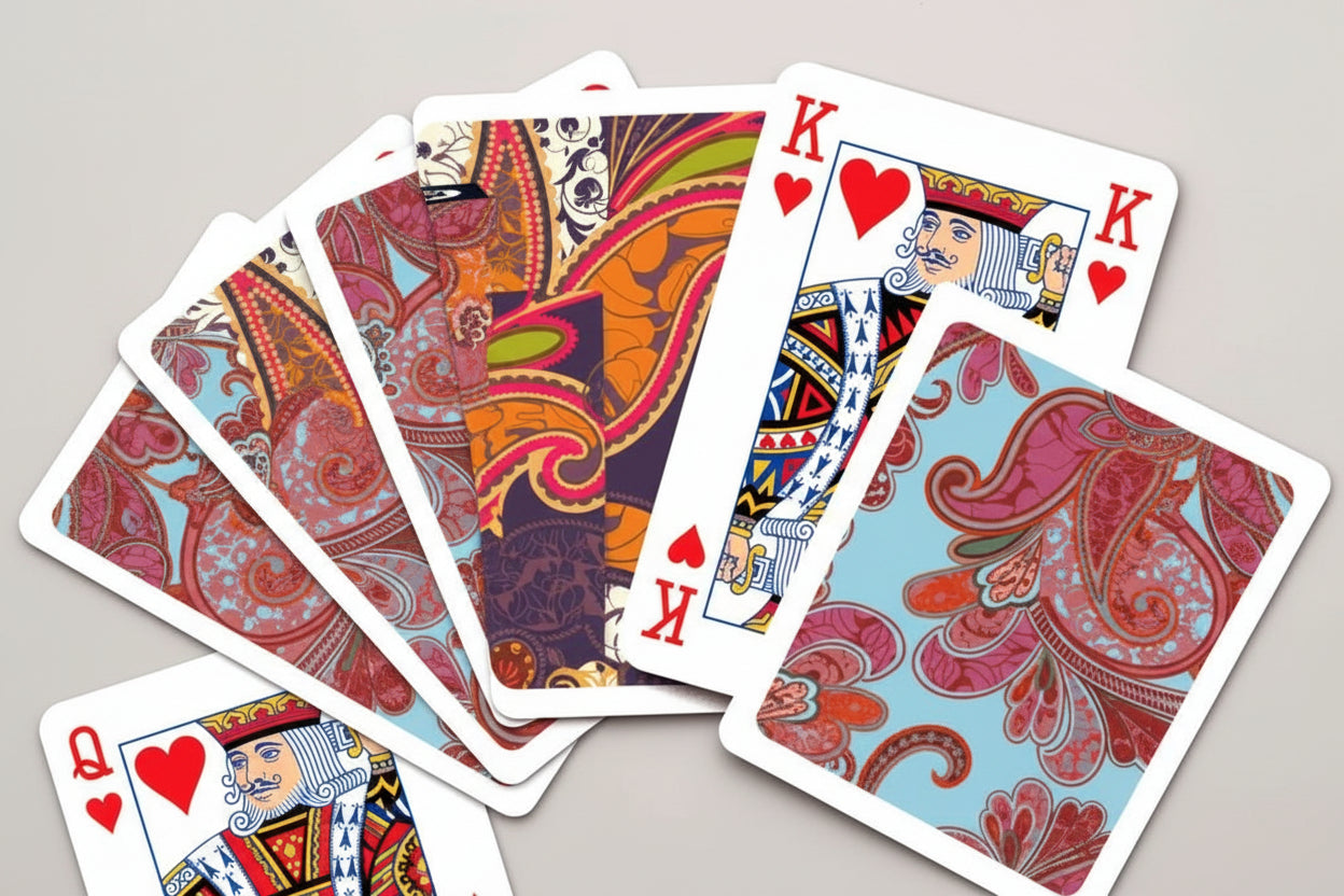 Playing cards with colorful designs and red hearts on a white background