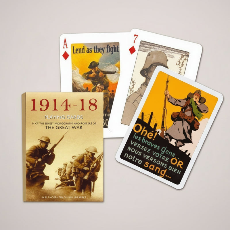 Piatnik playing cards with World War I-themed artwork and '1914-18' on a light gray background.