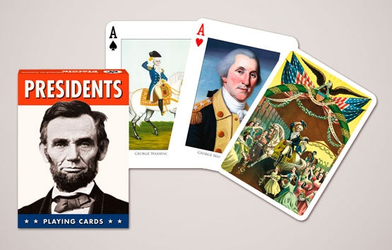 Playing cards featuring portraits of U.S. presidents on a gray background